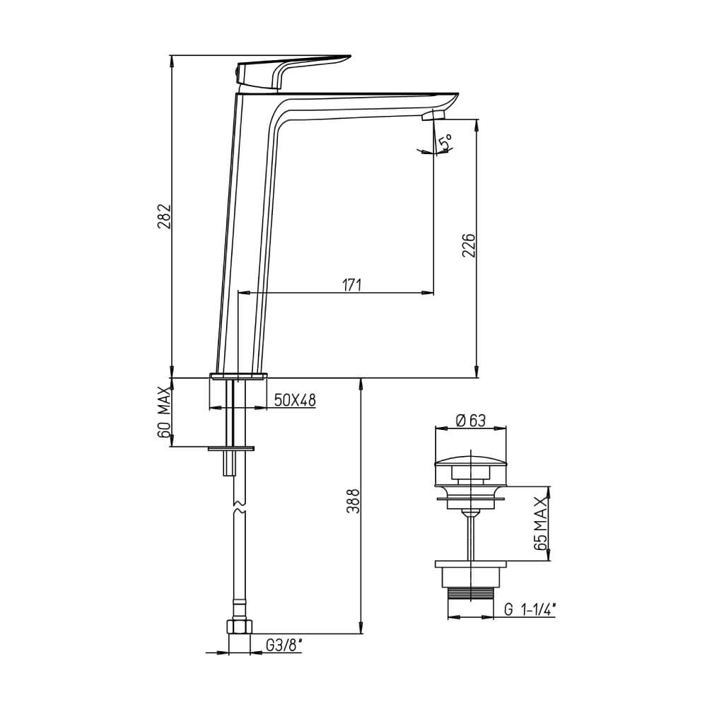 Miscelatore lavabo alto con piletta Click Clack INCLUSA forma quadra cromo