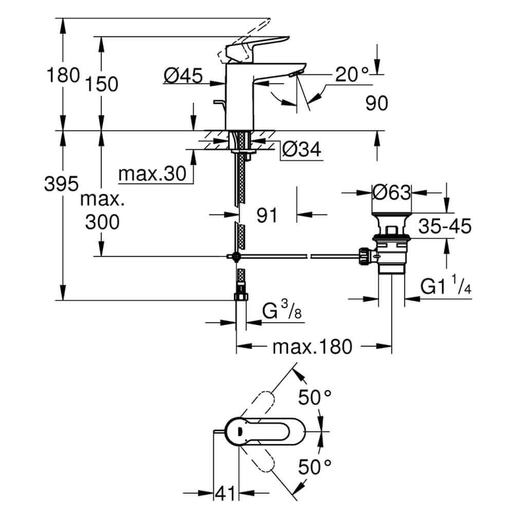 Set Miscelatori Grohe Bauedge lavabo bidet e vasca in ottone cromato con piletta di scarico INCLUSA