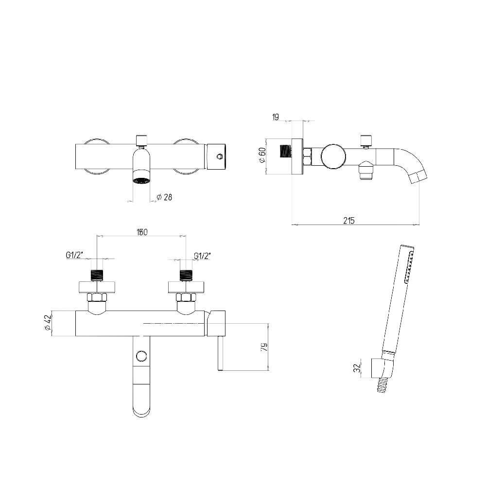 Miscelatore gruppo vasca con kit doccia forma tonda oro spazzolato - Arcshop