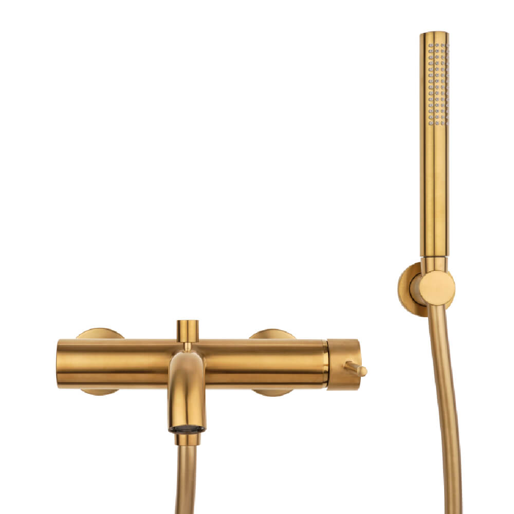 Miscelatore gruppo vasca con kit doccia forma tonda oro spazzolato - Arcshop