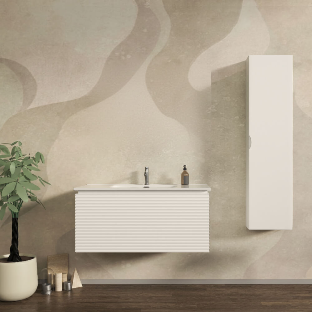 Mobile da bagno sospeso 100 cm cannettato orizzontale Bianco opaco - Malaga