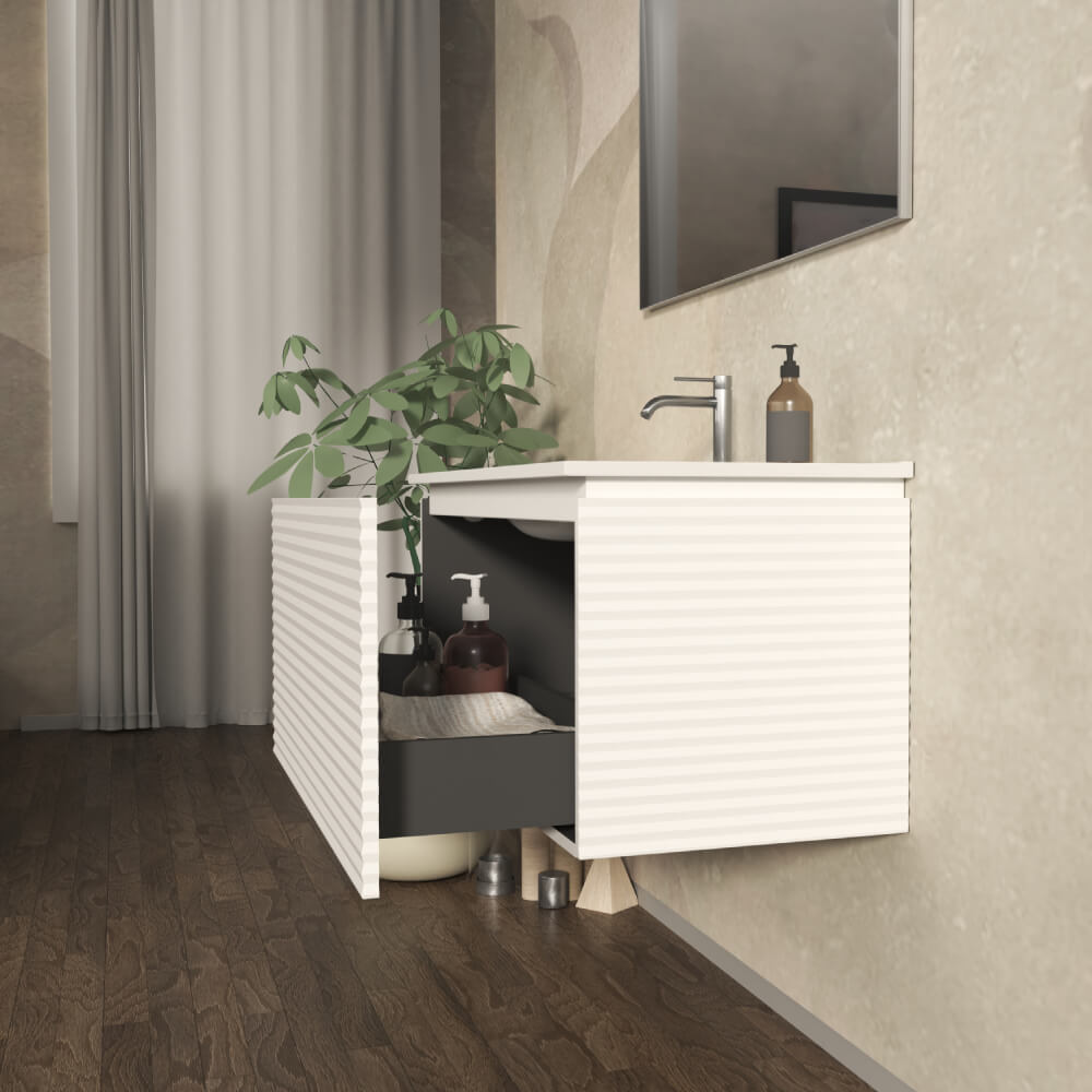 Mobile da bagno sospeso 100 cm cannettato orizzontale Bianco opaco - Malaga Arcshop