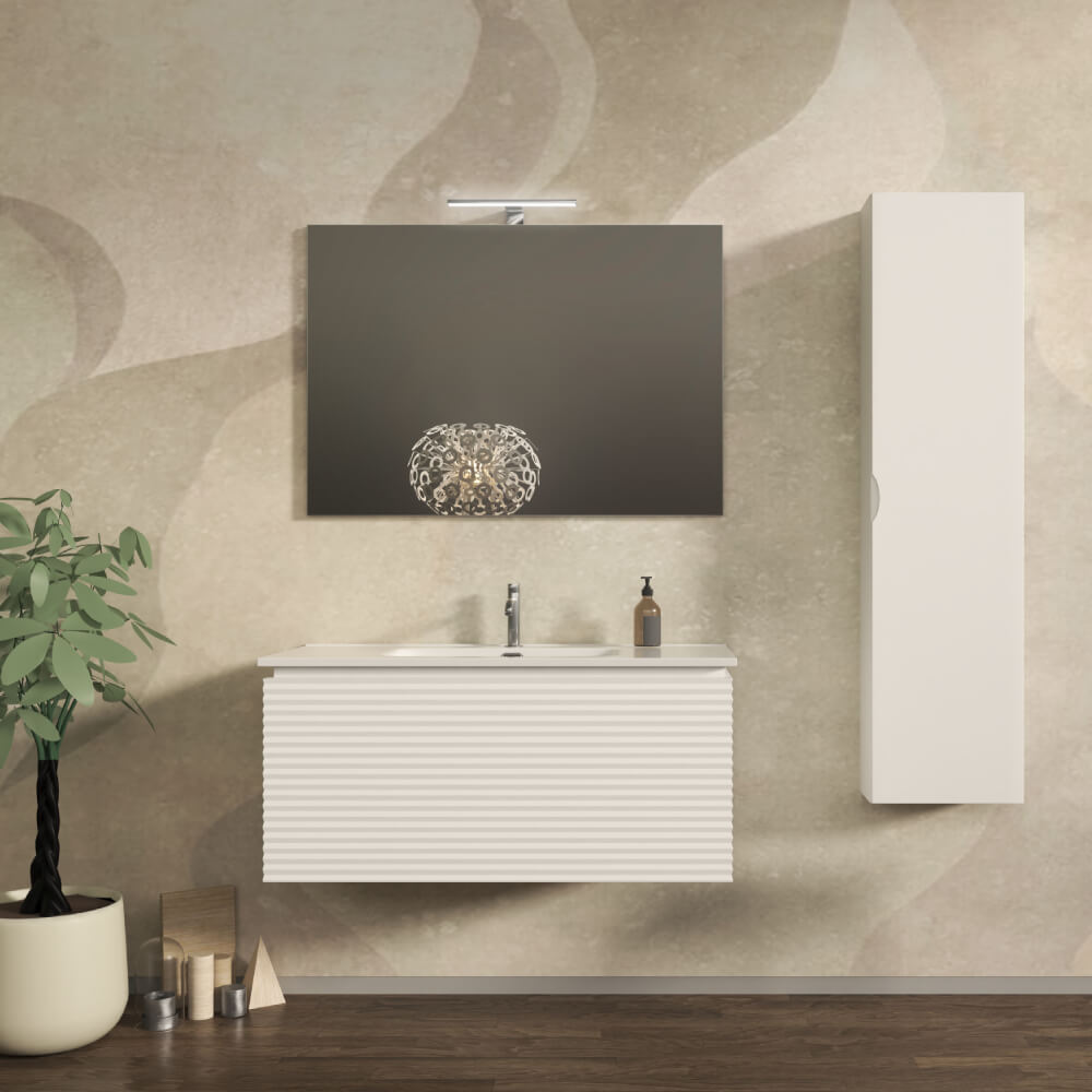 Mobile da bagno sospeso 100 cm cannettato orizzontale Bianco opaco - Malaga Arcshop
