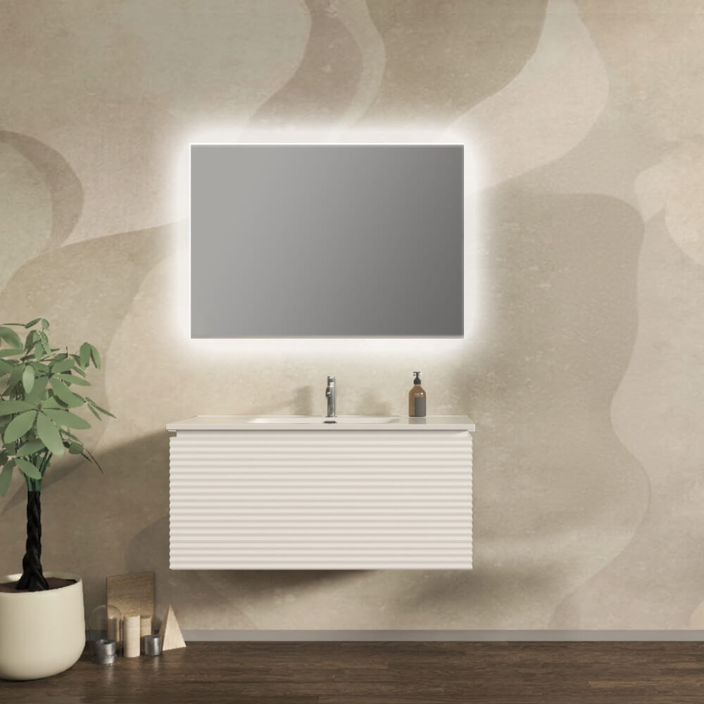 Mobile da bagno sospeso 100 cm cannettato orizzontale Bianco opaco - Malaga Arcshop
