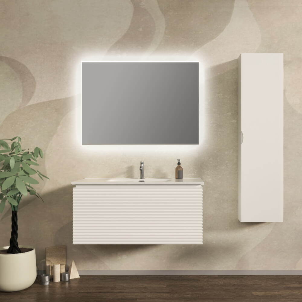 Mobile da bagno sospeso 100 cm cannettato orizzontale Bianco opaco - Malaga Arcshop