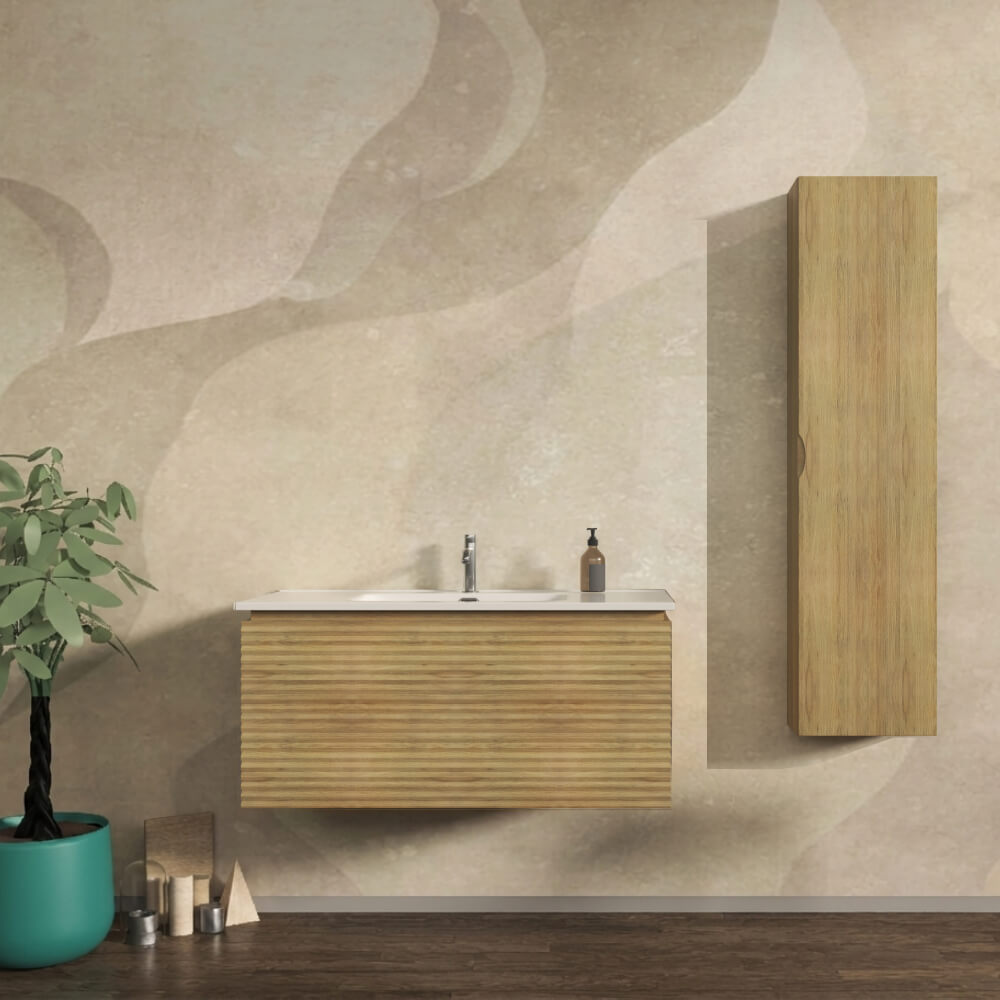 Mobile bagno 100 cm cannettato orizzontale sospeso rovere tabacco - Malaga