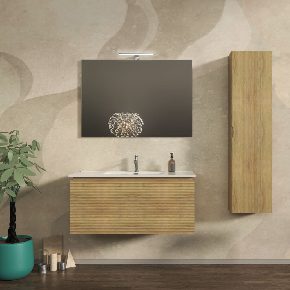 Mobile bagno 100 cm cannettato orizzontale sospeso rovere tabacco - Malaga