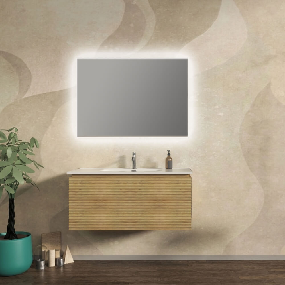 Mobile bagno 100 cm cannettato orizzontale sospeso rovere tabacco - Malaga