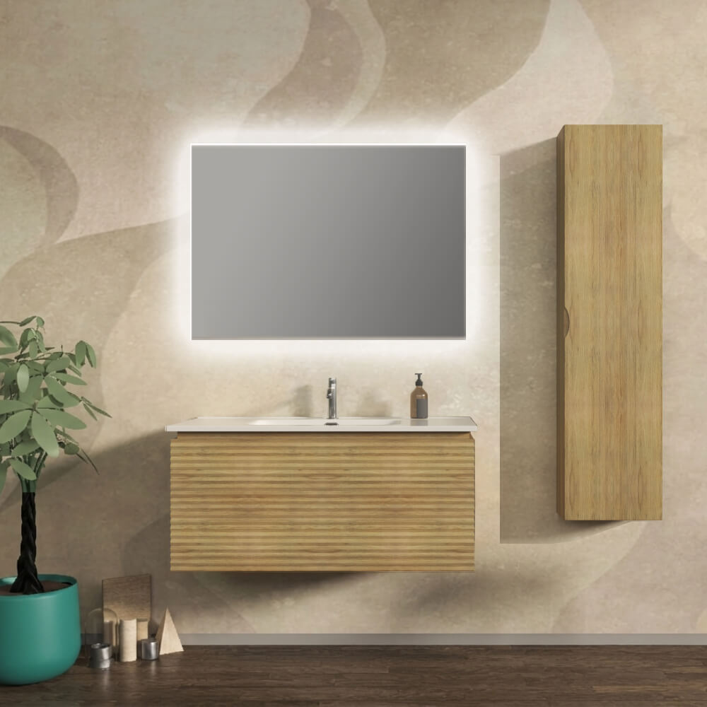 Mobile bagno 100 cm cannettato orizzontale sospeso rovere tabacco - Malaga