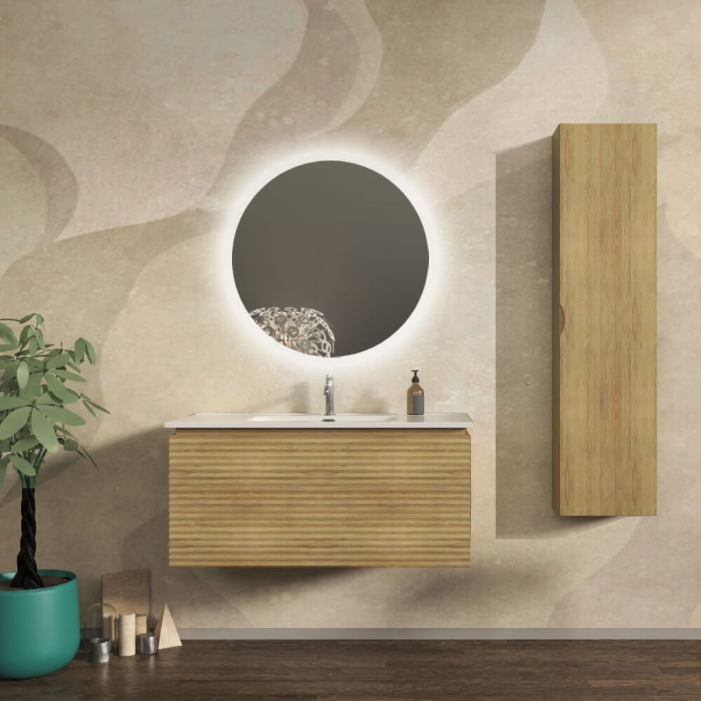 Mobile bagno 100 cm cannettato orizzontale sospeso rovere tabacco - Malaga