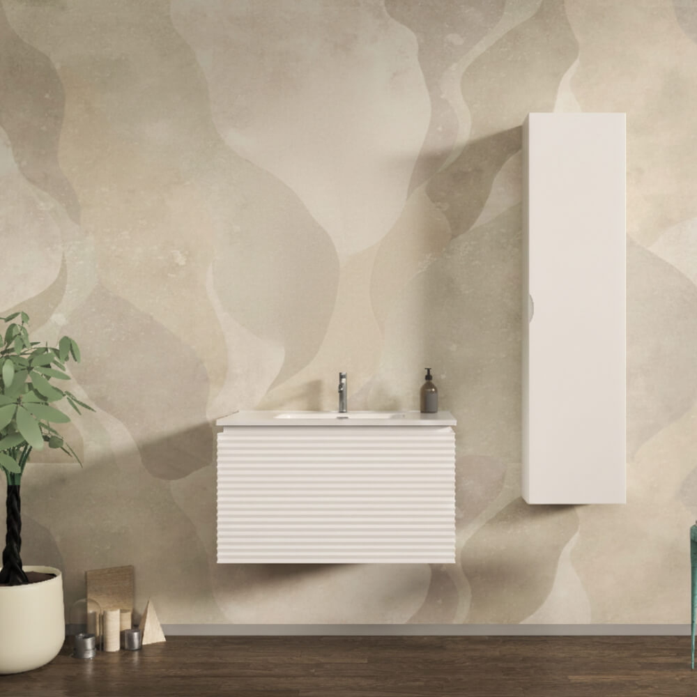 Mobile da bagno 80 cm cannettato orizzontale su tre lati sospeso bianco opaco - Malaga