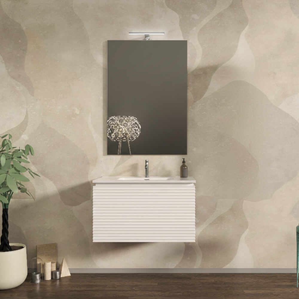 Mobile da bagno 80 cm cannettato orizzontale su tre lati sospeso bianco opaco - Malaga