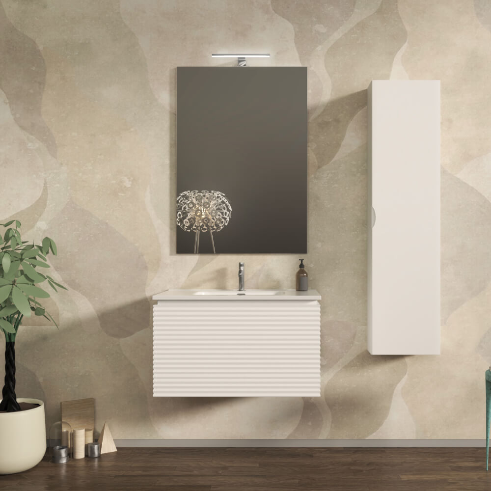 Mobile da bagno 80 cm cannettato orizzontale su tre lati sospeso bianco opaco - Malaga Arcshop