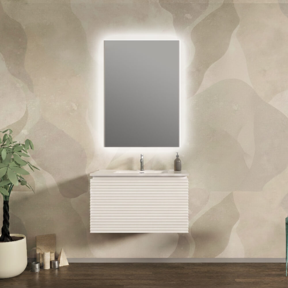 Mobile da bagno 80 cm cannettato orizzontale su tre lati sospeso bianco opaco - Malaga