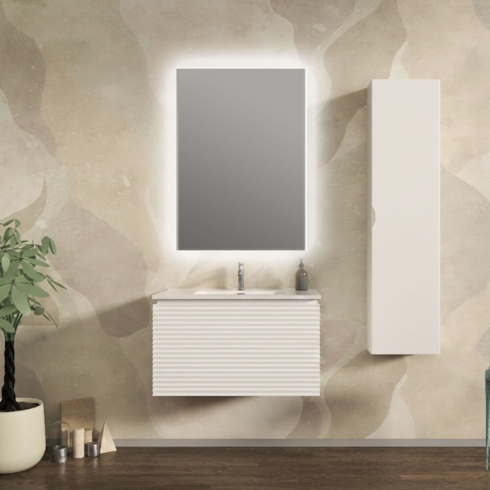 Mobile da bagno 80 cm cannettato orizzontale su tre lati sospeso bianco opaco - Malaga