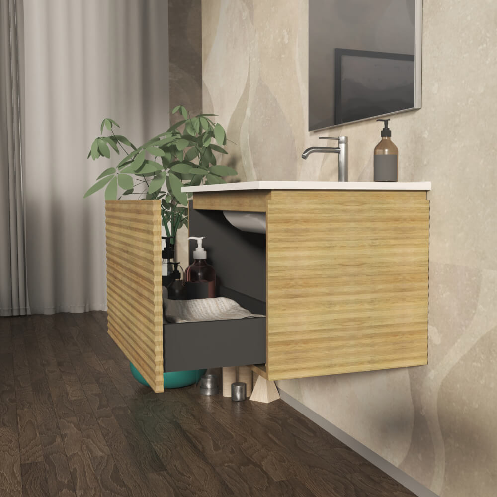 Mobile bagno sospeso cannettato orizzontale 80 cm Rovere tabacco - Malaga