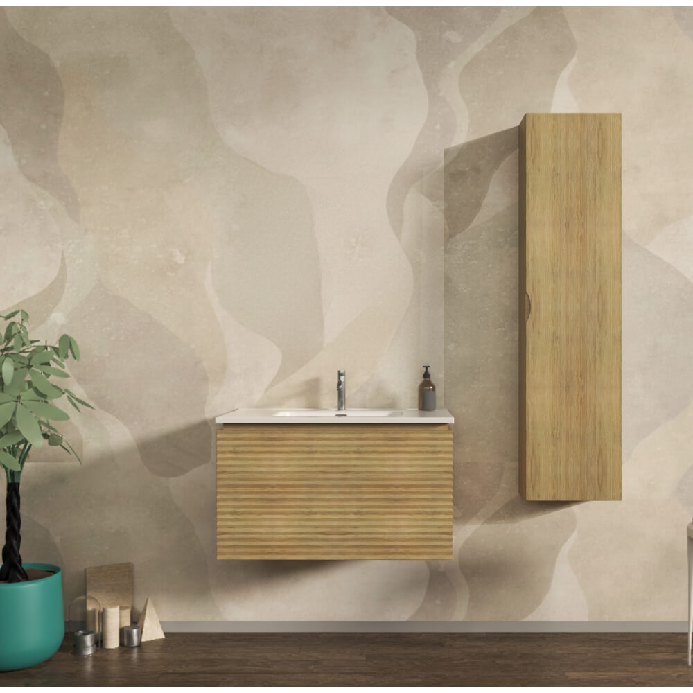 Mobile bagno sospeso cannettato orizzontale 80 cm Rovere tabacco - Malaga