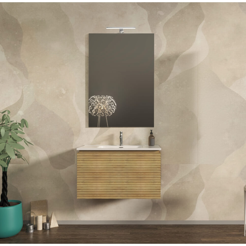 Mobile bagno sospeso cannettato orizzontale 80 cm Rovere tabacco - Malaga