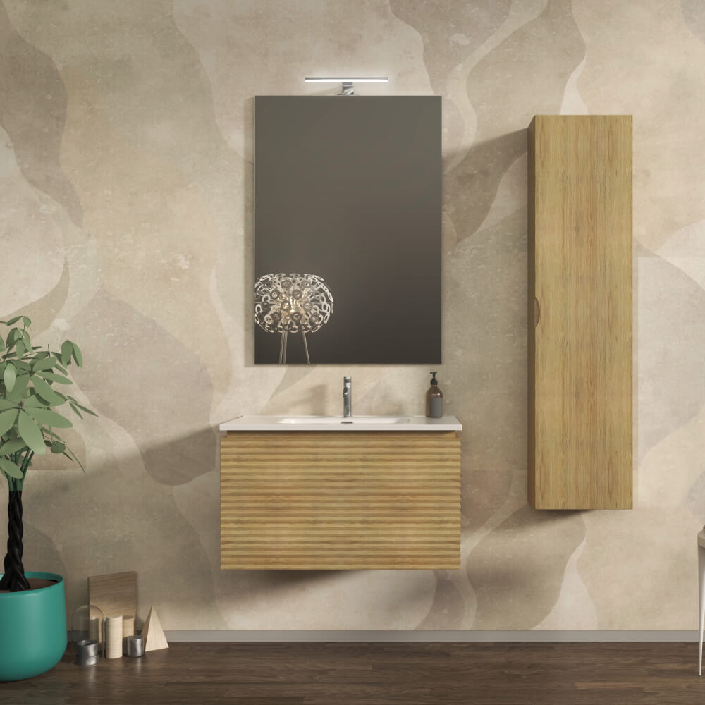 Mobile bagno sospeso cannettato orizzontale 80 cm Rovere tabacco - Malaga