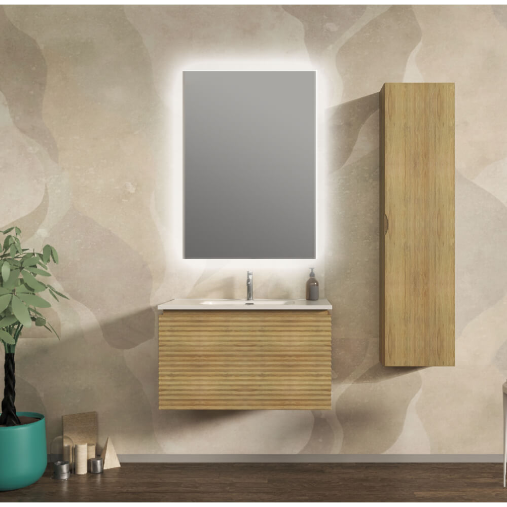 Mobile bagno sospeso cannettato orizzontale 80 cm Rovere tabacco - Malaga