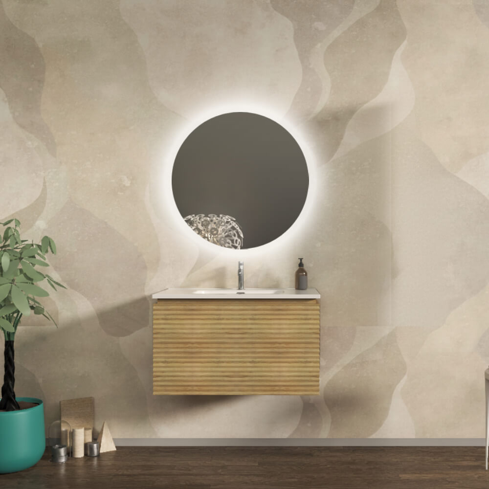 Mobile bagno sospeso cannettato orizzontale 80 cm Rovere tabacco - Malaga