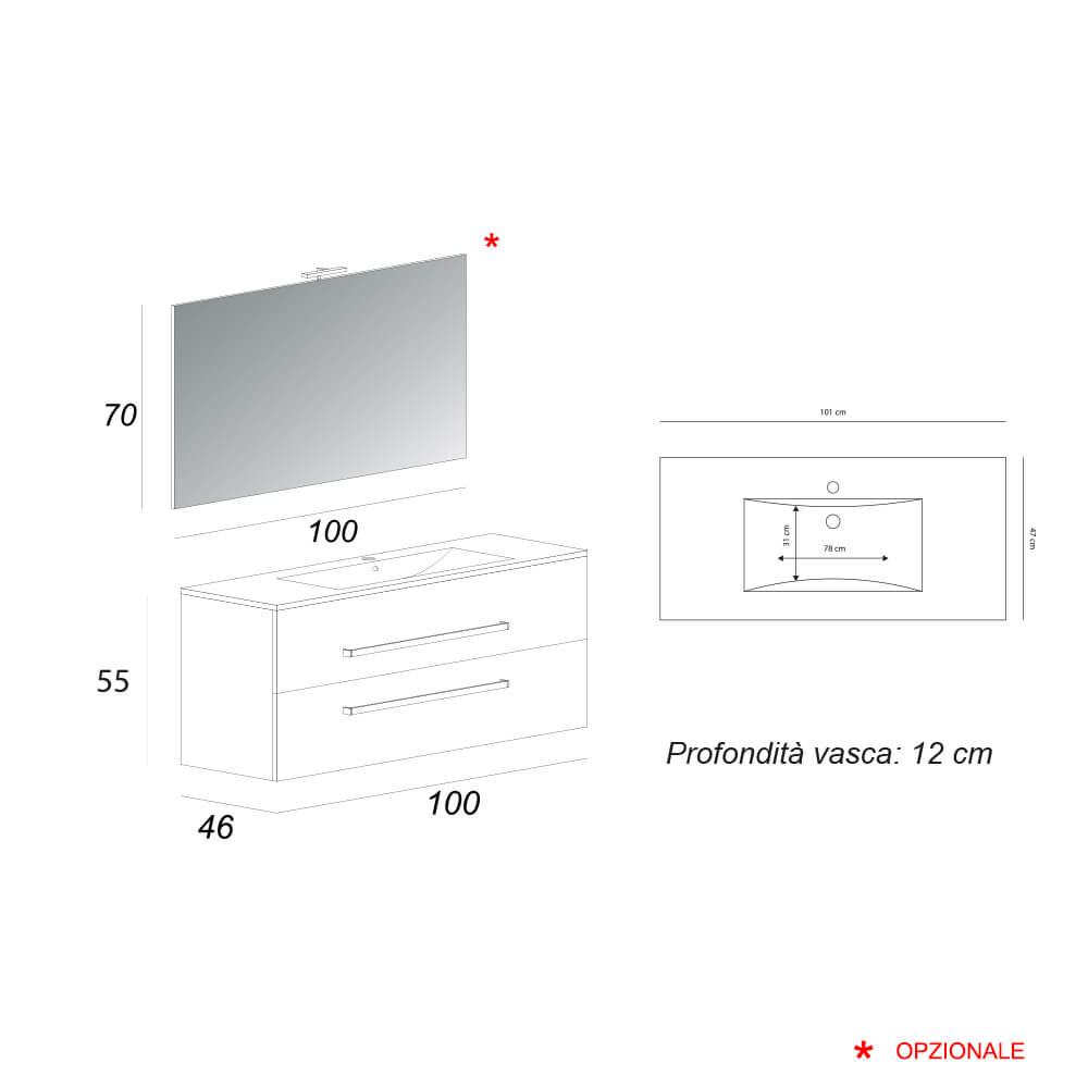 Mobile bagno bianco lucido 100 cm sospeso a due cassetti