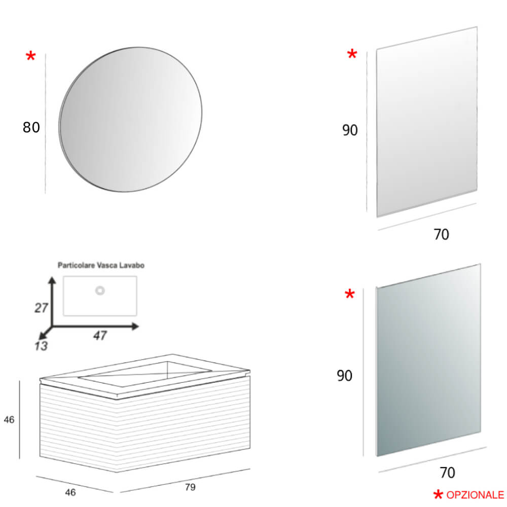 Mobile bagno sospeso cannettato orizzontale 80 cm Rovere tabacco - Malaga
