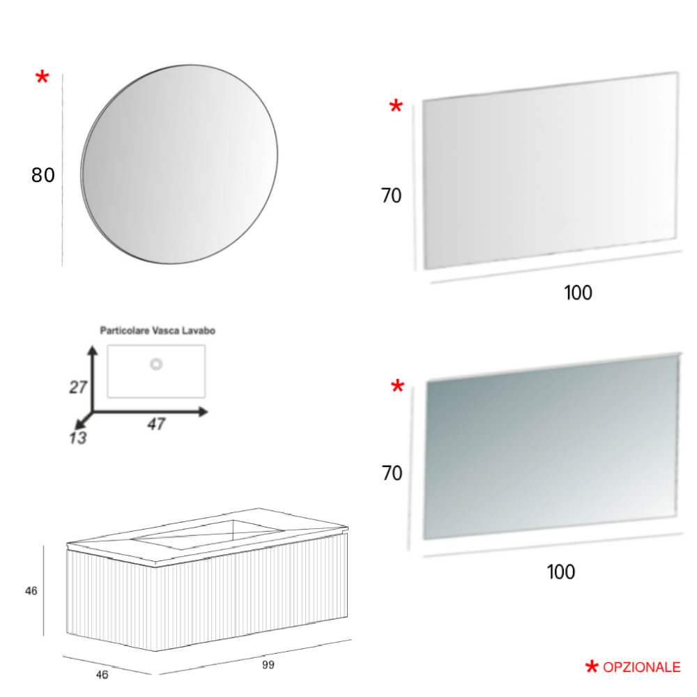Mobile bagno cannettato sospeso 100 cm Rovere tabacco chiusura soft close - Marsiglia