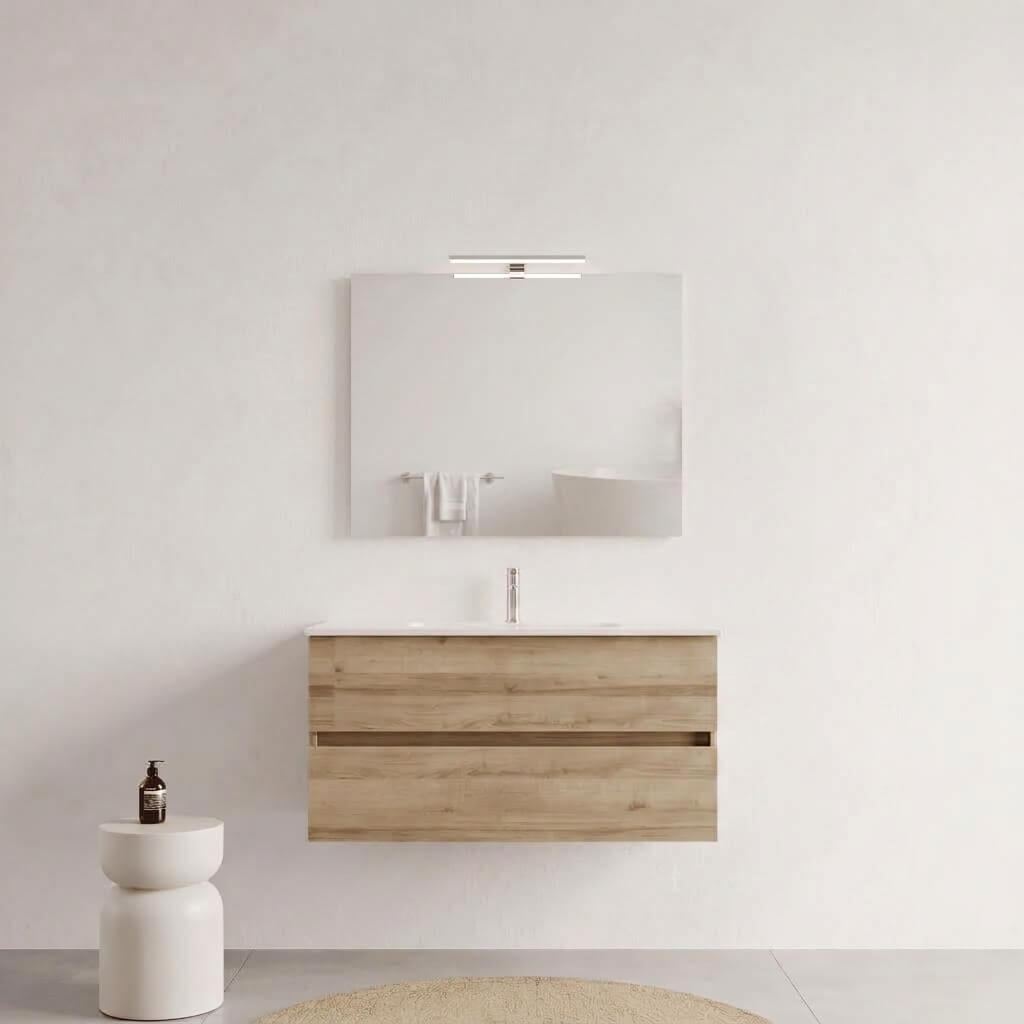 Mobile bagno Sospeso 100 cm Rovere con cassetti e lavabo in ceramica - Mod. Porto