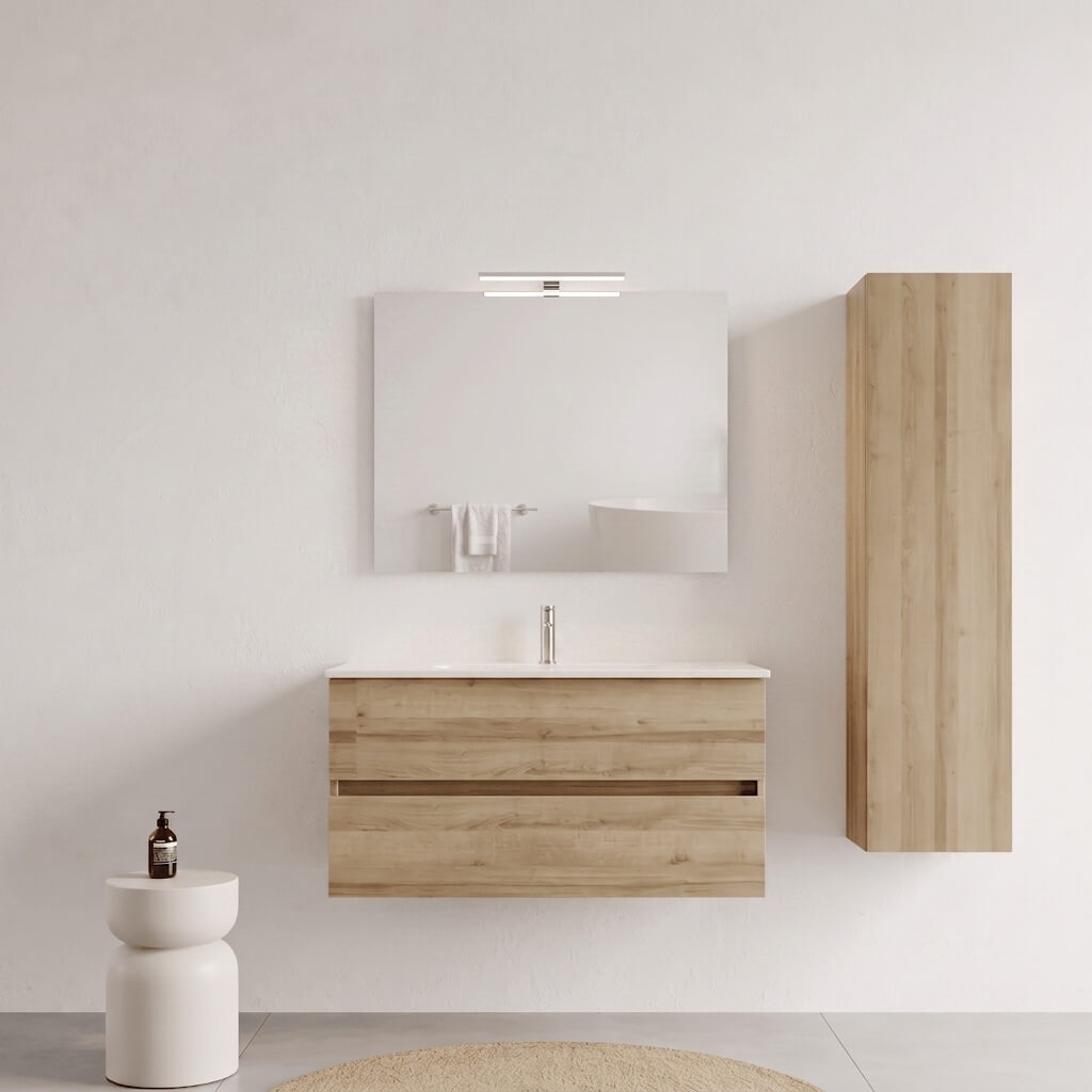 Mobile bagno Sospeso 100 cm Rovere con cassetti e lavabo in ceramica - Mod. Porto