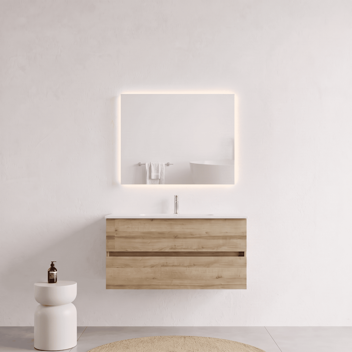 Mobile bagno Sospeso 100 cm Rovere con cassetti e lavabo in ceramica - Mod. Porto
