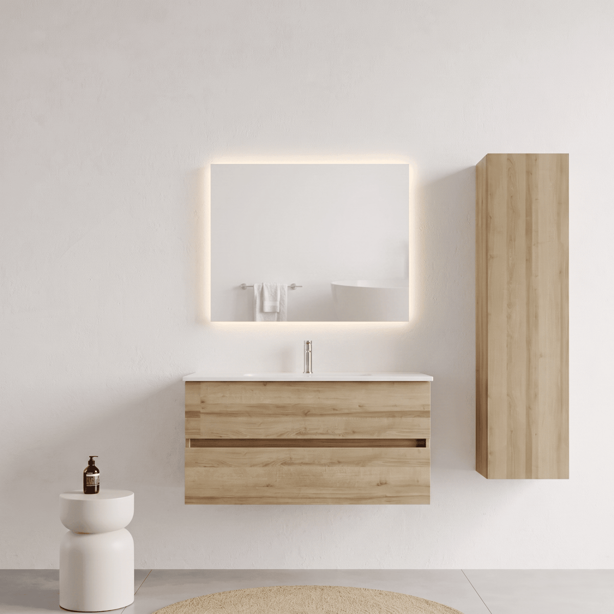 Mobile bagno Sospeso 100 cm Rovere con cassetti e lavabo in ceramica - Mod. Porto