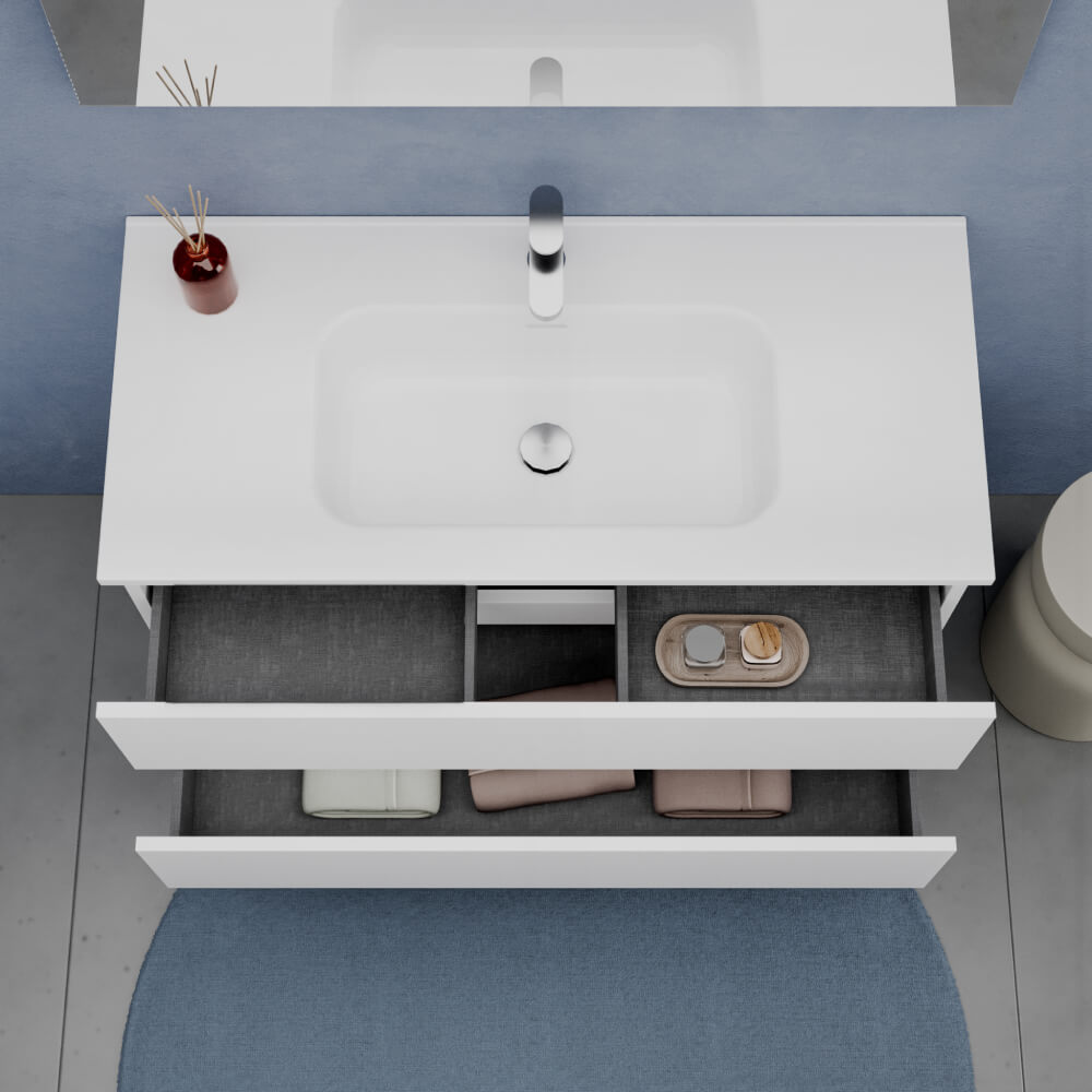 Arredo Bagno 100 cm Bianco Opaco due cassetti - Mobile Porto con Lavabo
