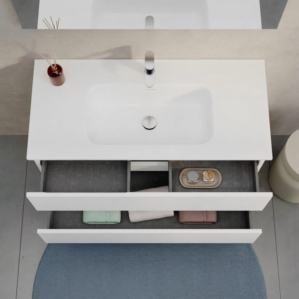 Mobile bagno Sospeso 100 cm Bianco Opaco con cassetti e lavabo in ceramica - Mod. Porto