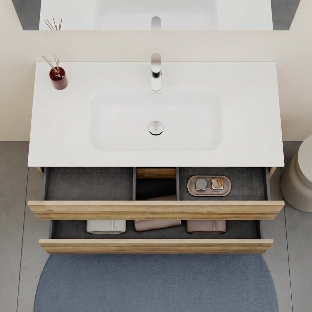 Mobile bagno Sospeso 100 cm Rovere con cassetti e lavabo in ceramica - Mod. Porto