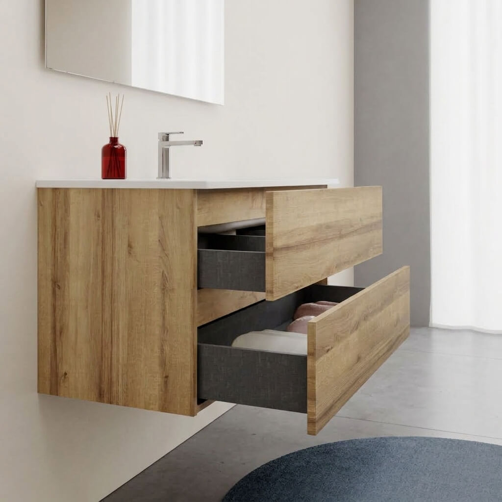 Mobile bagno Sospeso 100 cm Rovere con cassetti e lavabo in ceramica - Mod. Porto