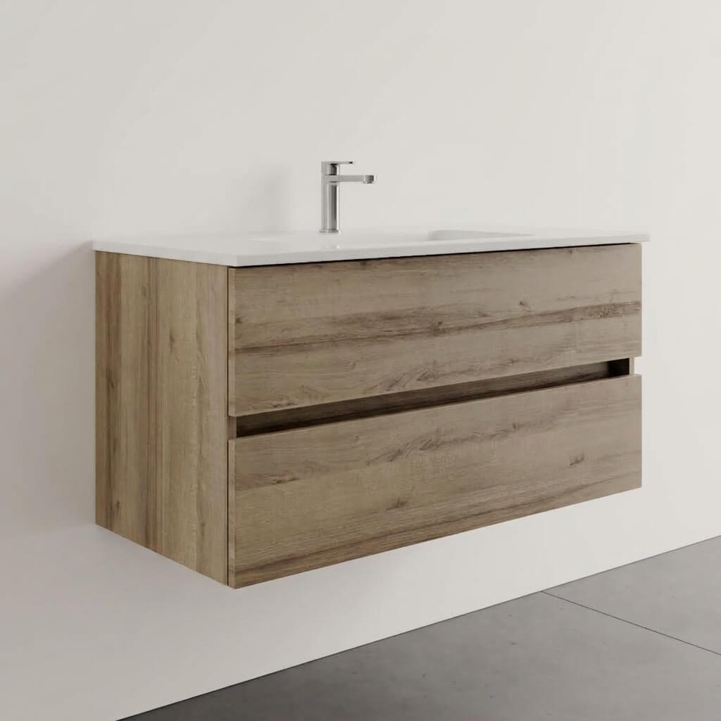 Mobile bagno Sospeso 100 cm Rovere con cassetti e lavabo in ceramica - Mod. Porto