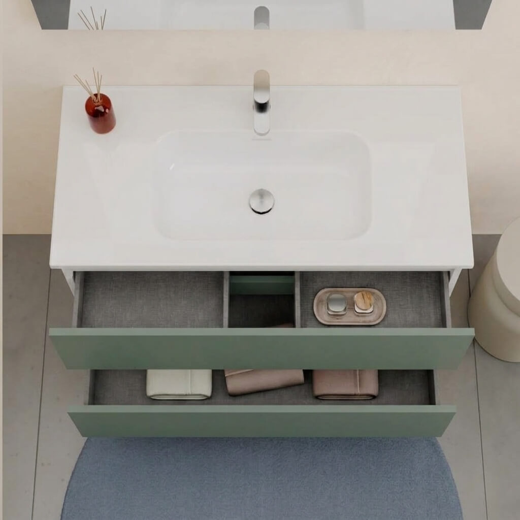 Mobile bagno Sospeso 100 cm Verde Salvia con cassetti e lavabo in ceramica - Mod. Porto