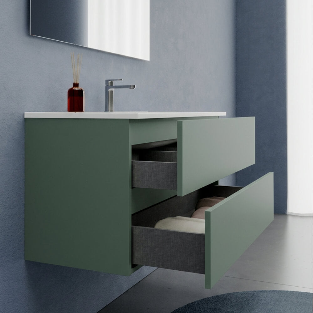 Arredo Bagno 100 cm Verde Salvia due cassetti - Composizione Porto con Lavabo ceramica