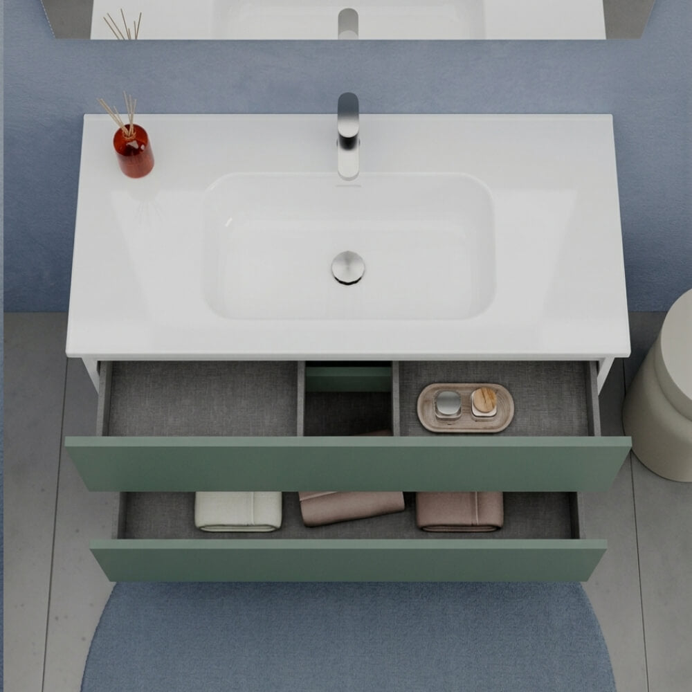 Arredo Bagno 100 cm Verde Salvia due cassetti - Composizione Porto con Lavabo ceramica