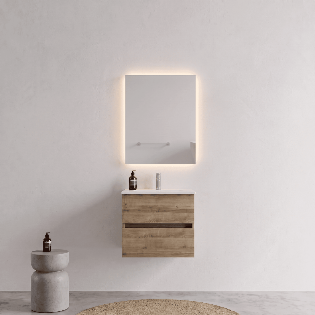 Mobile bagno Sospeso 60 cm Rovere con cassetti e lavabo in ceramica - Mod. Porto