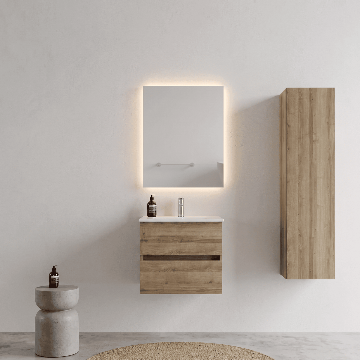 Mobile bagno Sospeso 60 cm Rovere con cassetti e lavabo in ceramica - Mod. Porto