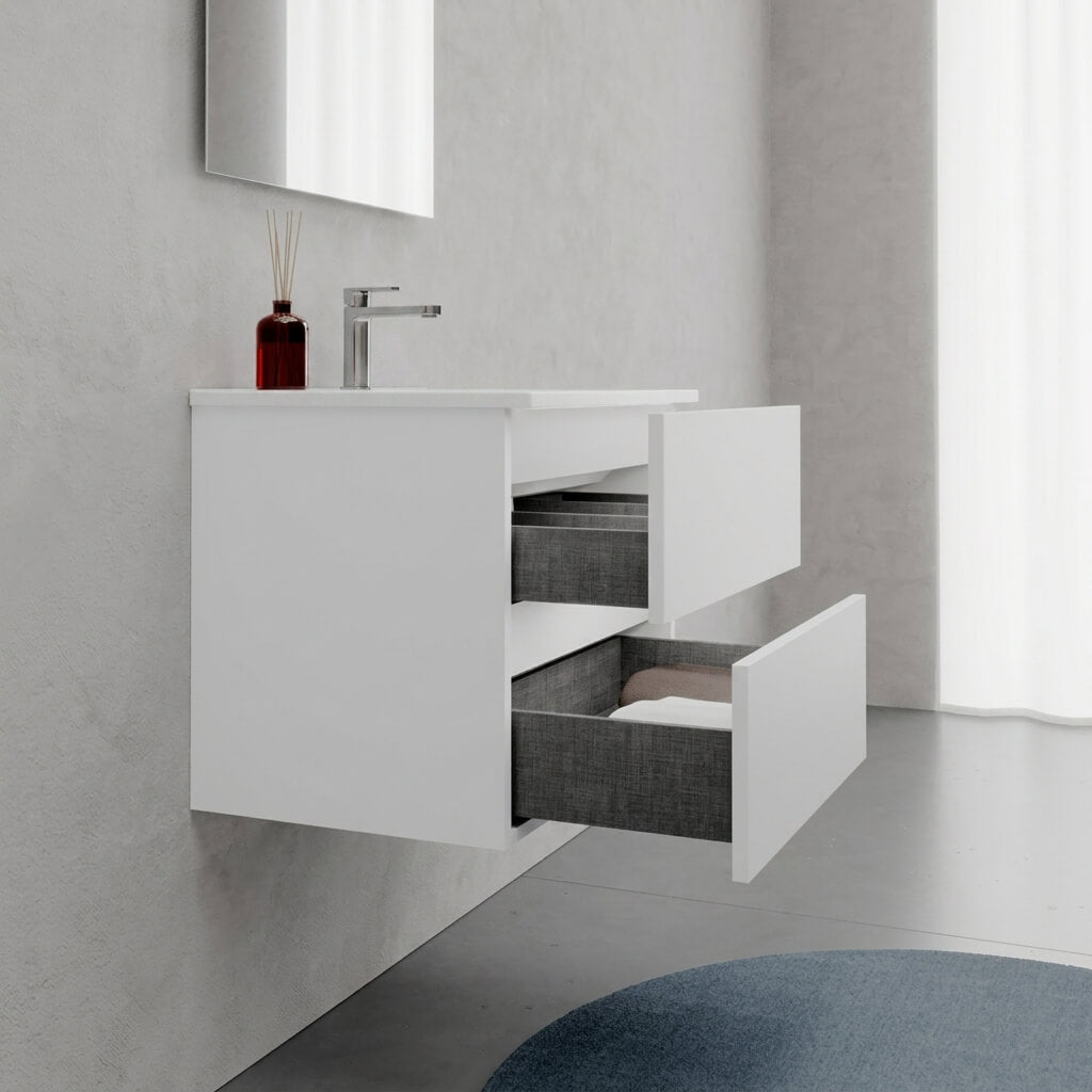 Mobile bagno Sospeso 60 cm Bianco Opaco con cassetti e lavabo in ceramica - Mod. Porto