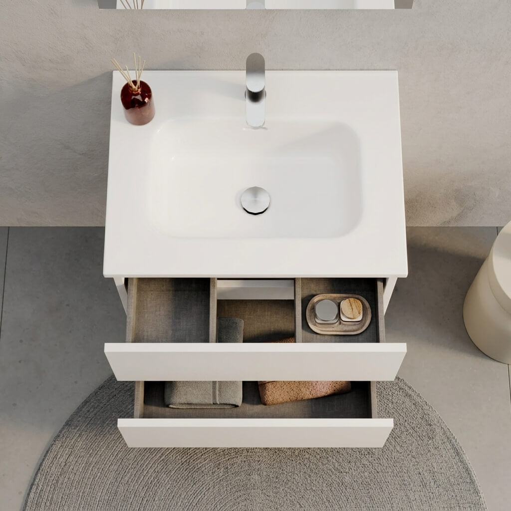Mobile bagno Sospeso 60 cm Bianco Opaco con cassetti e lavabo in ceramica - Mod. Porto