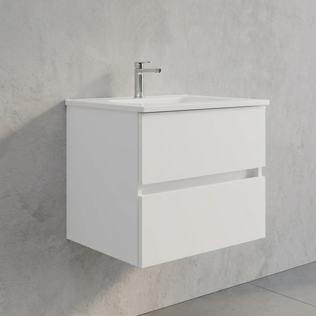 Mobile bagno Sospeso 60 cm Bianco Opaco con cassetti e lavabo in ceramica - Mod. Porto