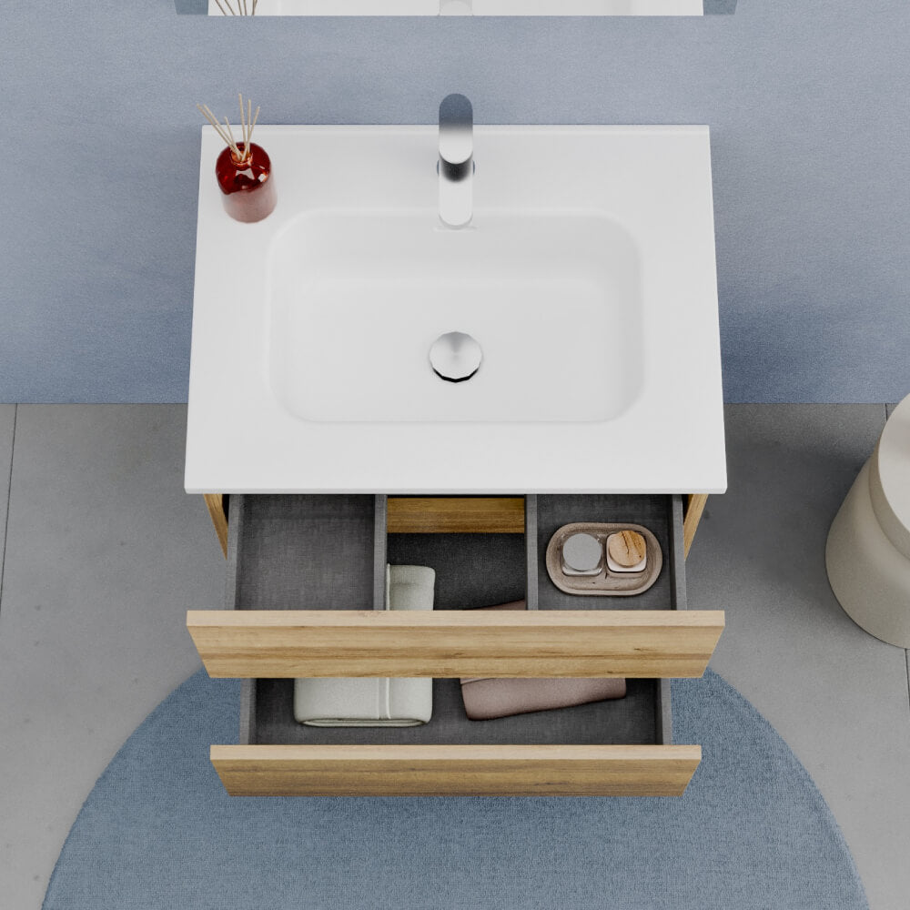 Mobile Bagno Sospeso 60 cm Rovere - Modello Porto con Lavabo in Ceramica