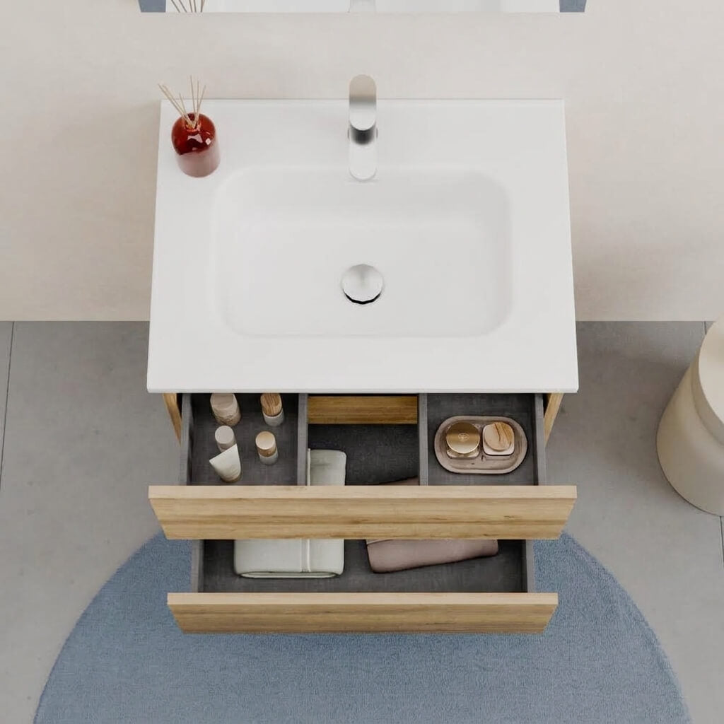 Mobile bagno Sospeso 60 cm Rovere con cassetti e lavabo in ceramica - Mod. Porto