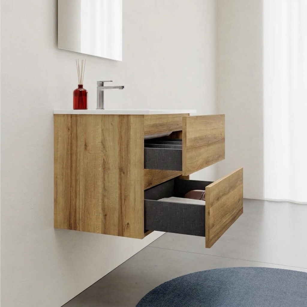 Mobile bagno Sospeso 60 cm Rovere con cassetti e lavabo in ceramica - Mod. Porto