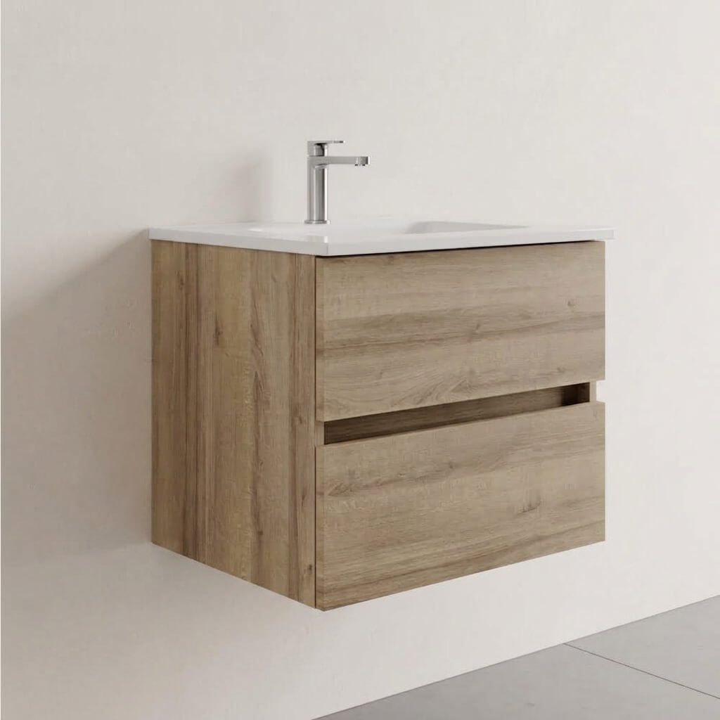 Mobile bagno Sospeso 60 cm Rovere con cassetti e lavabo in ceramica - Mod. Porto