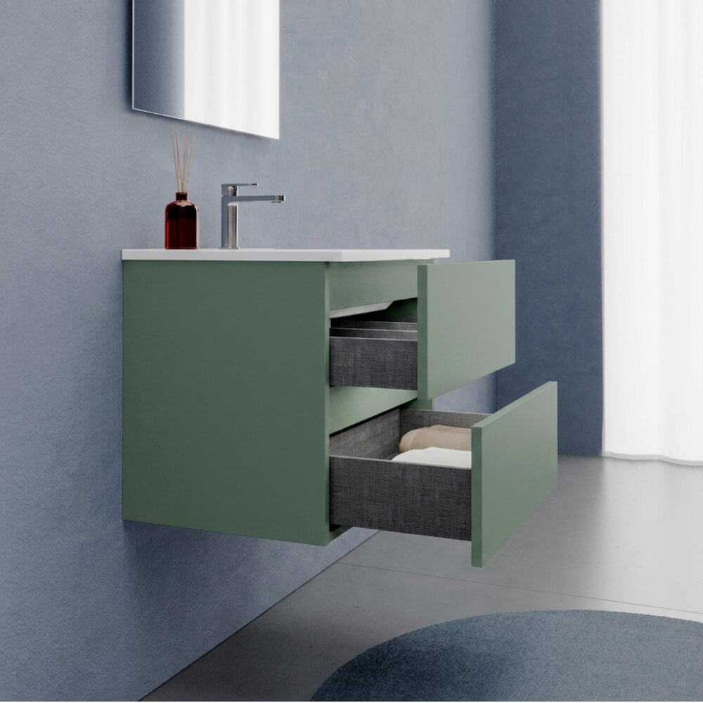 Mobile Bagno Sospeso 60 cm Verde Salvia - Modello Porto con Lavabo in Ceramica